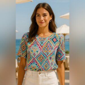 Lilly Pulitzer Silk Blouse Crown Jewels Tropical Resort Vaca Yacht Summer M Boho